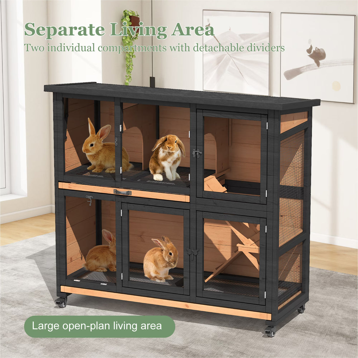 TIMHAKA Two-Story Wooden Rabbit Hutch w/ Wheels, Indoor & Outdoor Bunny Cage, Guinea Pig Cage w/ Removable Trays