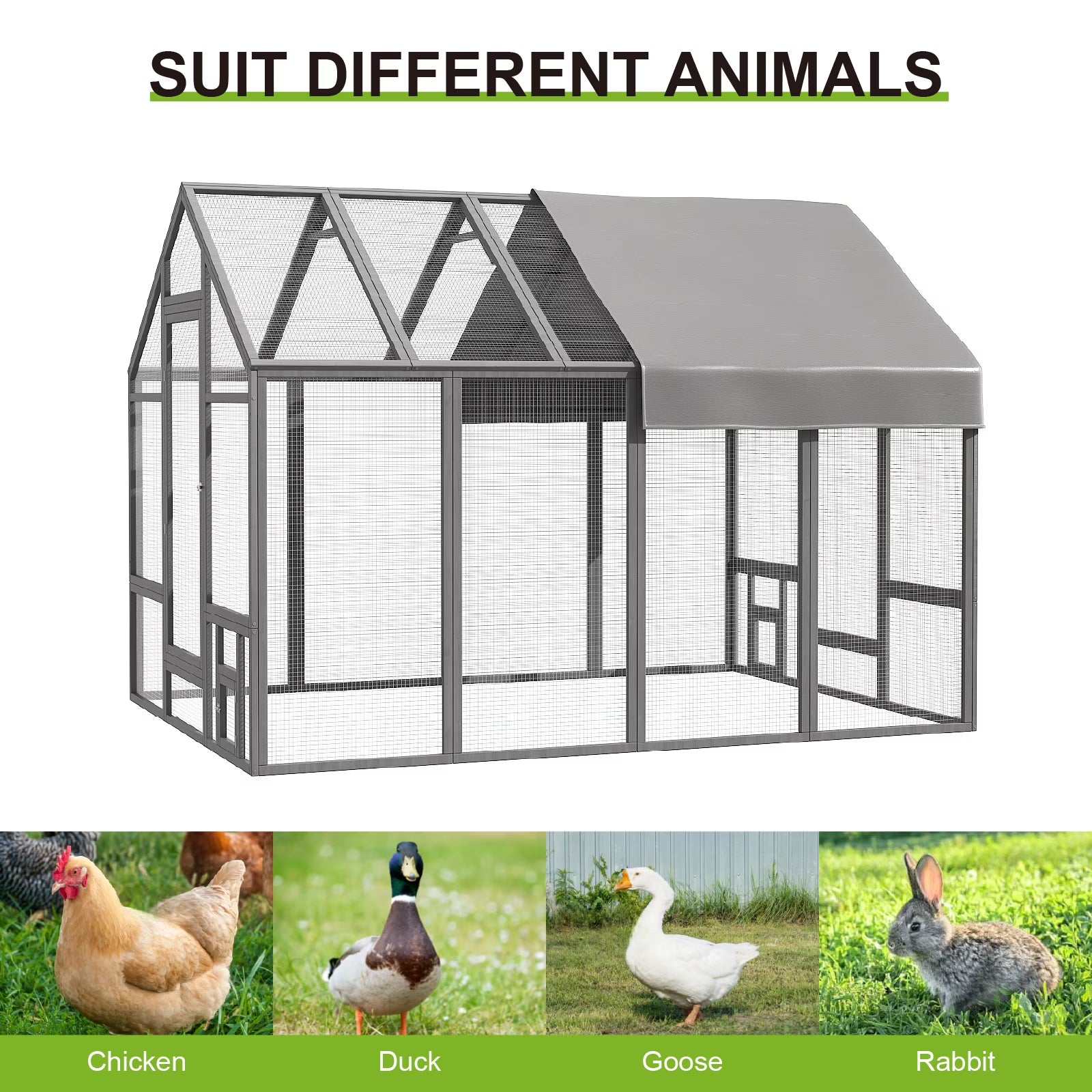 TIMHAKA 96” Outdoor Large Chicken Coop, Wooden Chicken Run w/ Cover for 12 Chickens, Gray