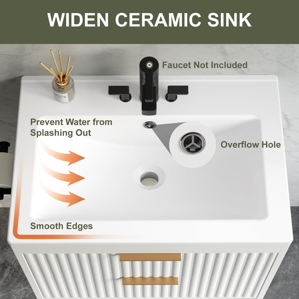 EVOKEDEN 30” Floating Bathroom Vanity with Sink, Wall-Mounted Vanity with 2 Drawers & LED Light, White