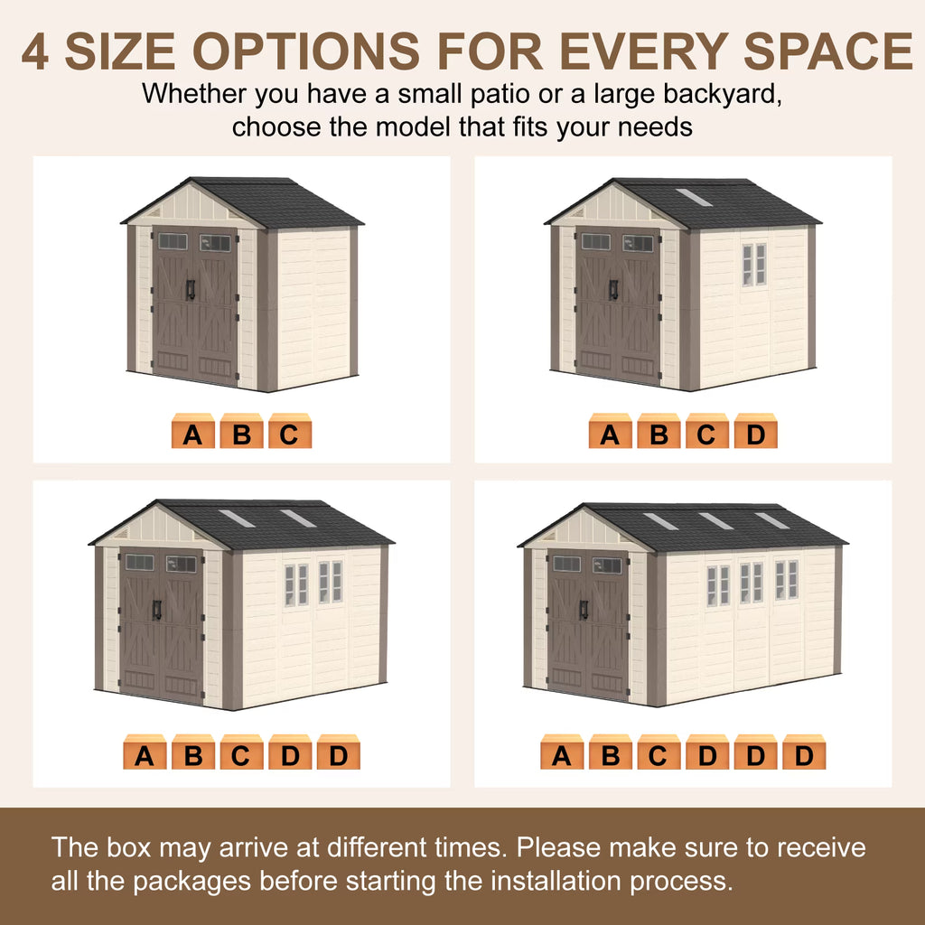 EVOKEDEN 8x10 FT Storage Shed with Floor, Waterproof HDPE Outdoor Tool House with Window & Skylight for Backyard Patio Lawn Pool Mower Bike Supplies