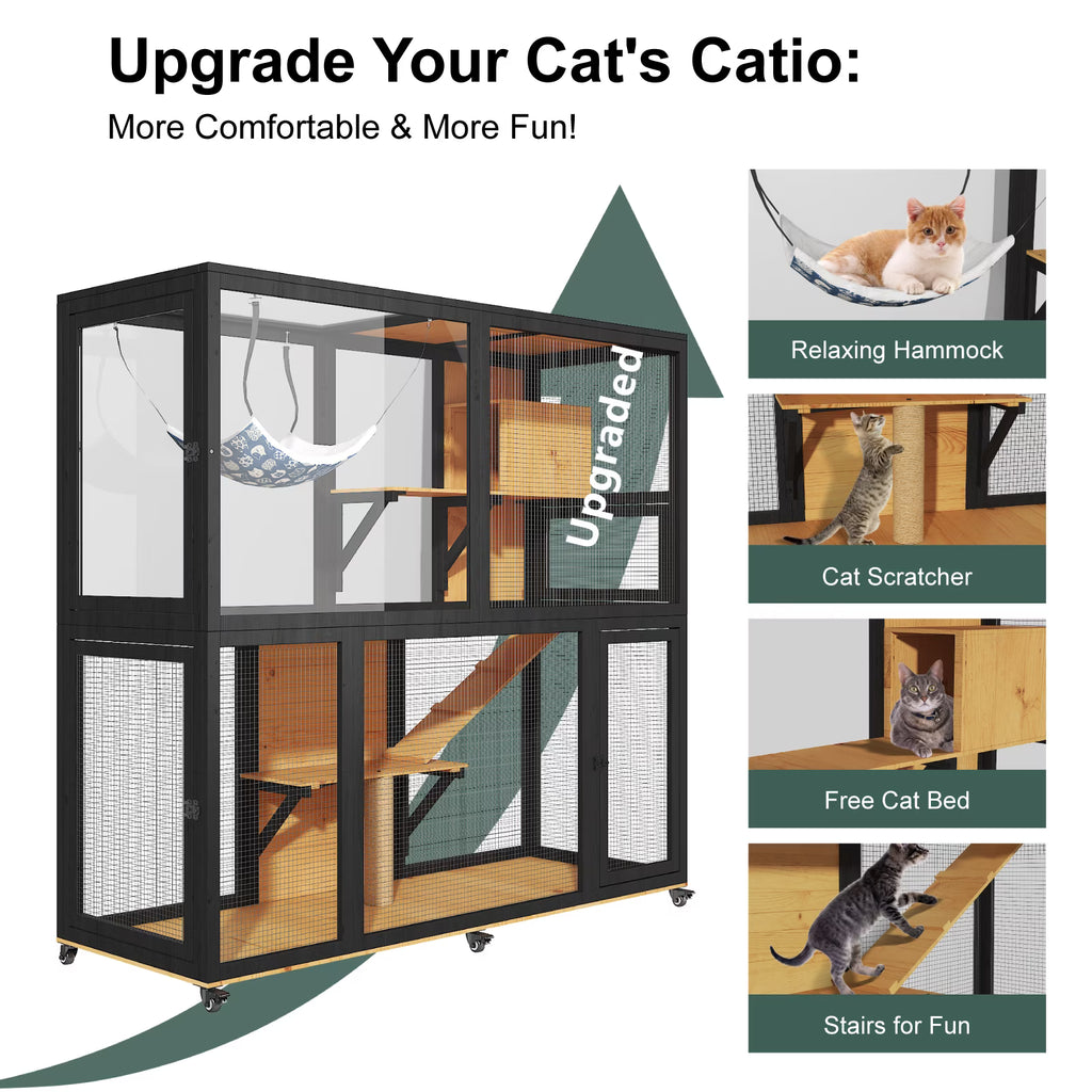 TIMHAKA 4-Tier Large Cat Enclosure House, Indoor & Outdoor Catio for Sunbathing, Black & Yellow