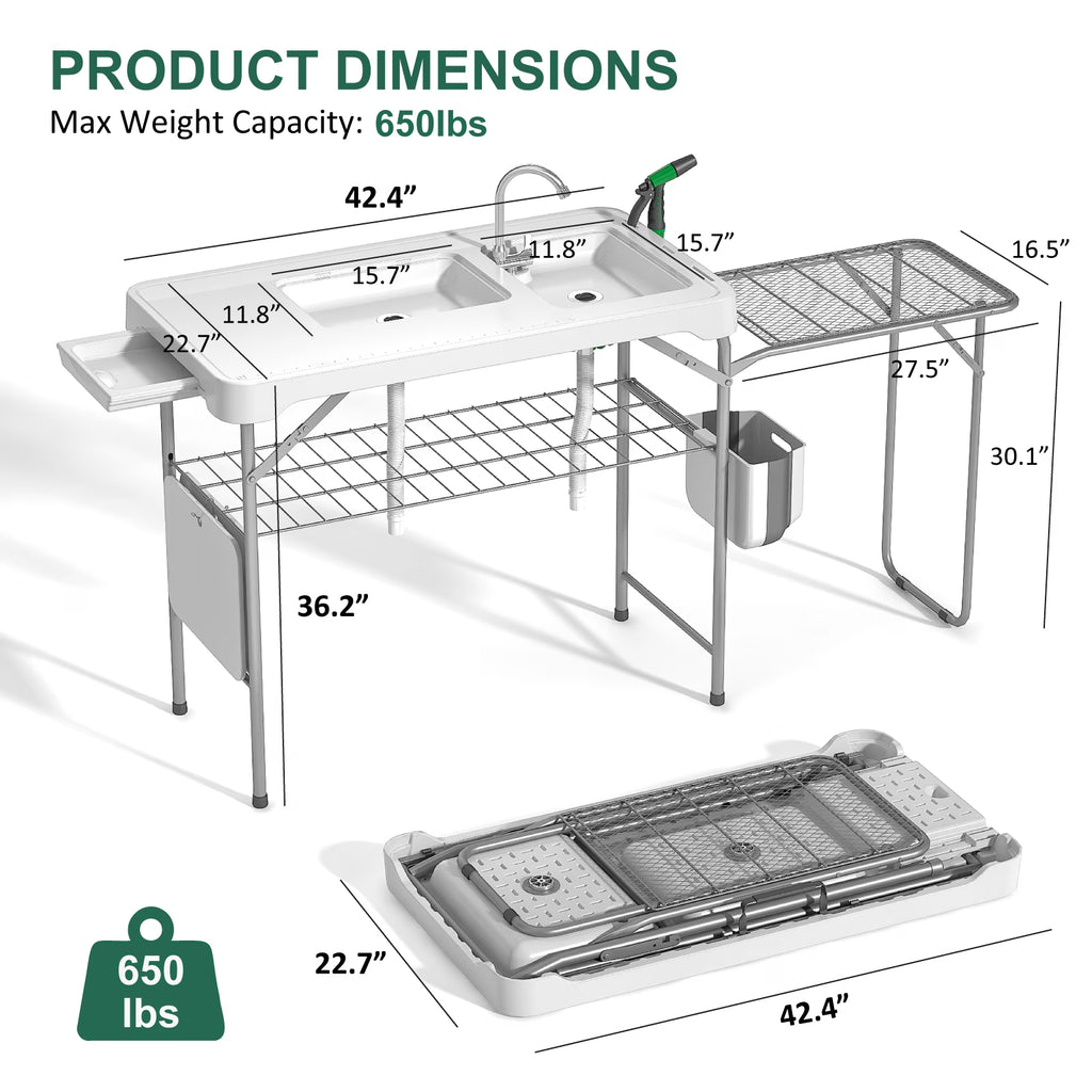 EVOKEDEN 42.5" Fish Cleaning Table w/ Dual Sink, Portable Folding Camping Table w/ Foldable Extension Stand, Outdoor Sink Station for Picnic