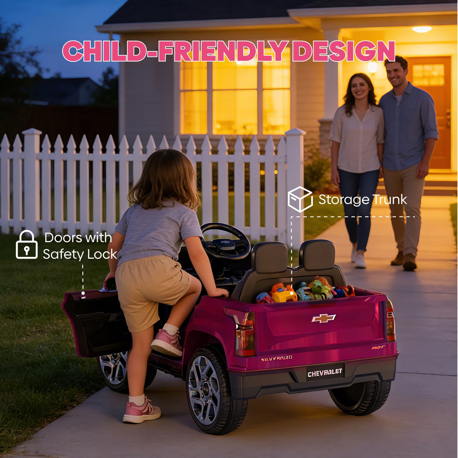 EVOKEDEN 24V Licensed Chevrolet Silverado Electric Car for Kids, Ride on Toys for Toddlers with Remote Control, Soft Start, LED Lights, Music Player, Seat Belts, Pink