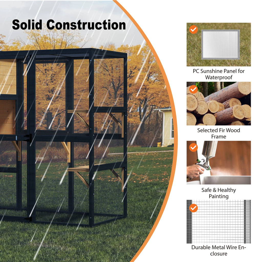 TIMHAKA Catio Outdoor Cat Enclosure Large Wooden Cat House for Mulitiple Cats w/ Resting Box, Platform, Waterproof Roof & Large Door, Black & Yellow