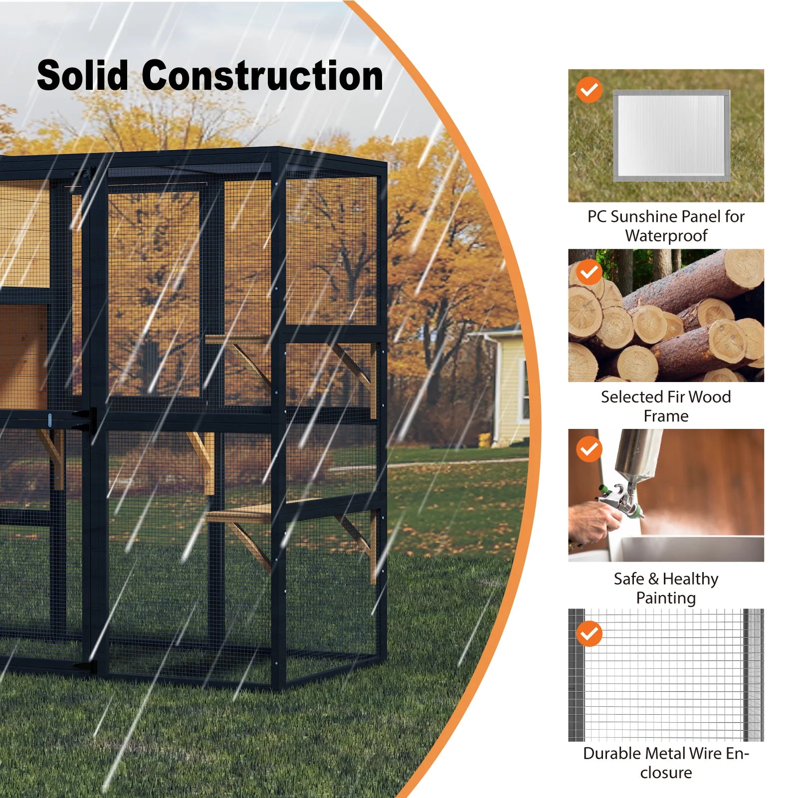 TIMHAKA Catio Outdoor Cat Enclosure Large Wooden Cat House for Mulitiple Cats w/ Resting Box, Platform, Waterproof Roof & Large Door, Black & Yellow
