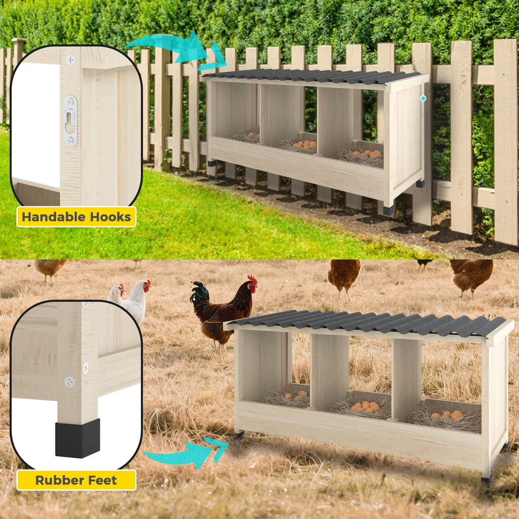 TIMHAKA Chicken Nesting Box, 3 Holes Wooden Chicken Coop w/ PVC Roof for Hens, Ducks, and Poultry