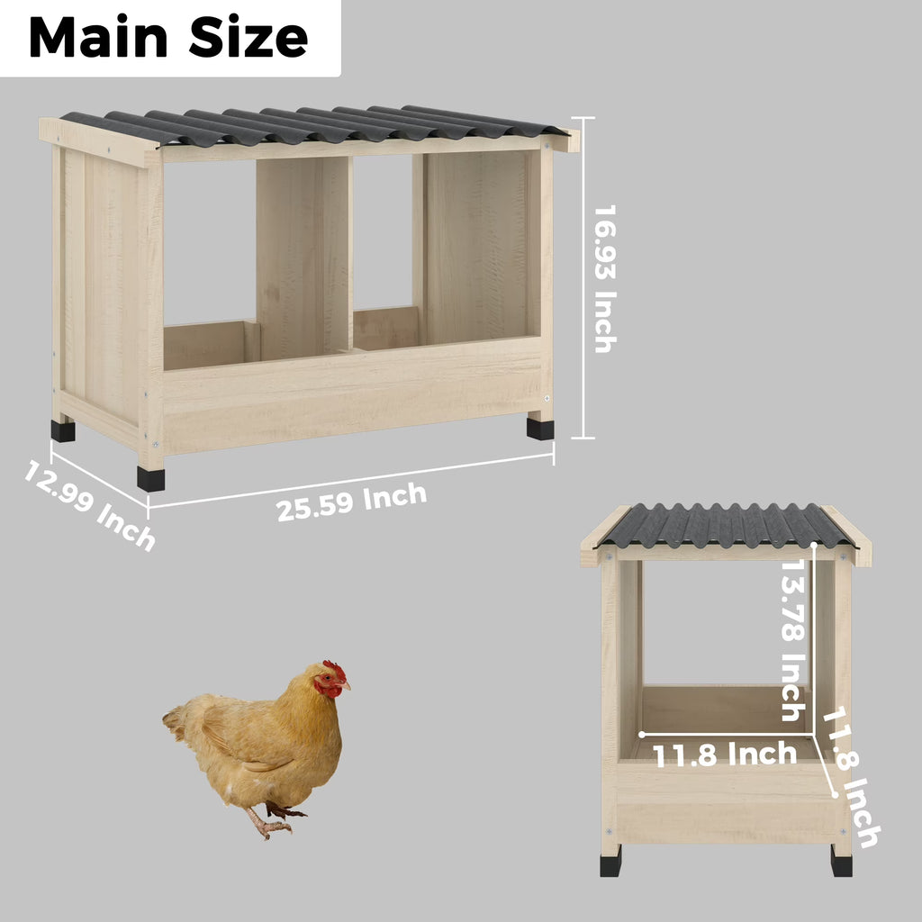 TIMHAKA Chicken Nesting Box, 2 Holes Wooden Chicken Coop w/ PVC Roof for Hens, Ducks, and Poultry