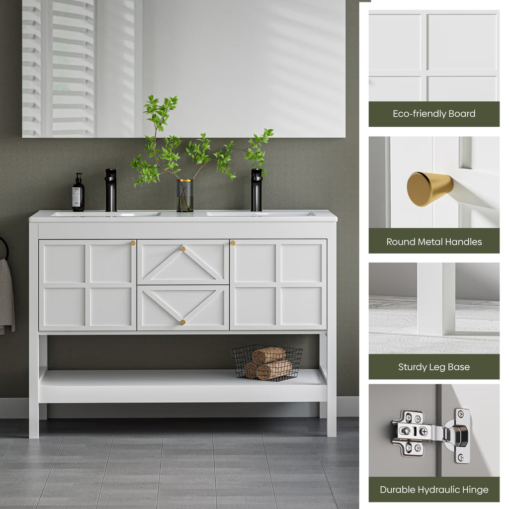 EVOKEDEN 48" Bathroom Vanity with Double Sink Combo, Undermount Sink Bathroom Storage Cabinet with 2 Drawers & 2 Soft-Close Doors, Freestanding Farmhouse Cabinet with Open Storage Shelf, White