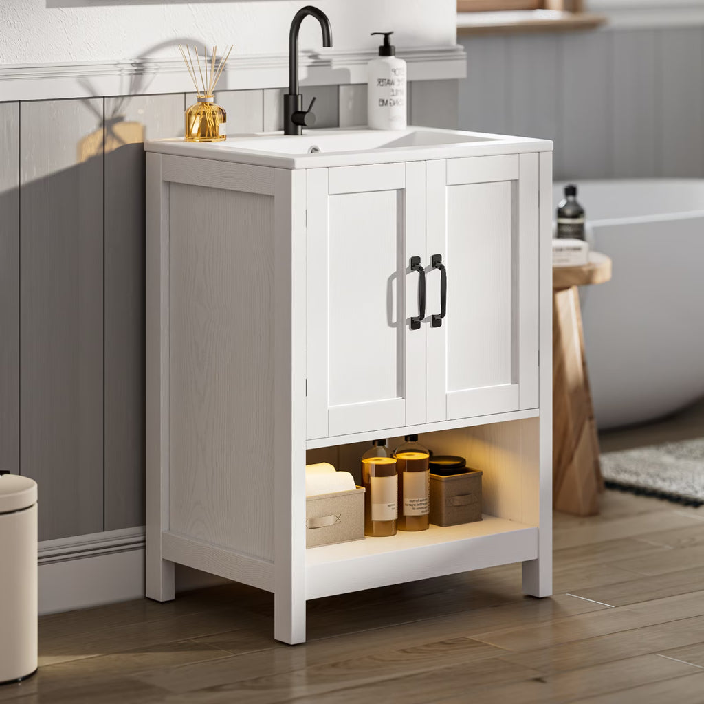EVOKEDEN 24" Bathroom Vanity with Sink, Freestanding Modern Cabinet Vanity with LED Light, 2 Soft Closing Cabinet Door with Organizer, White