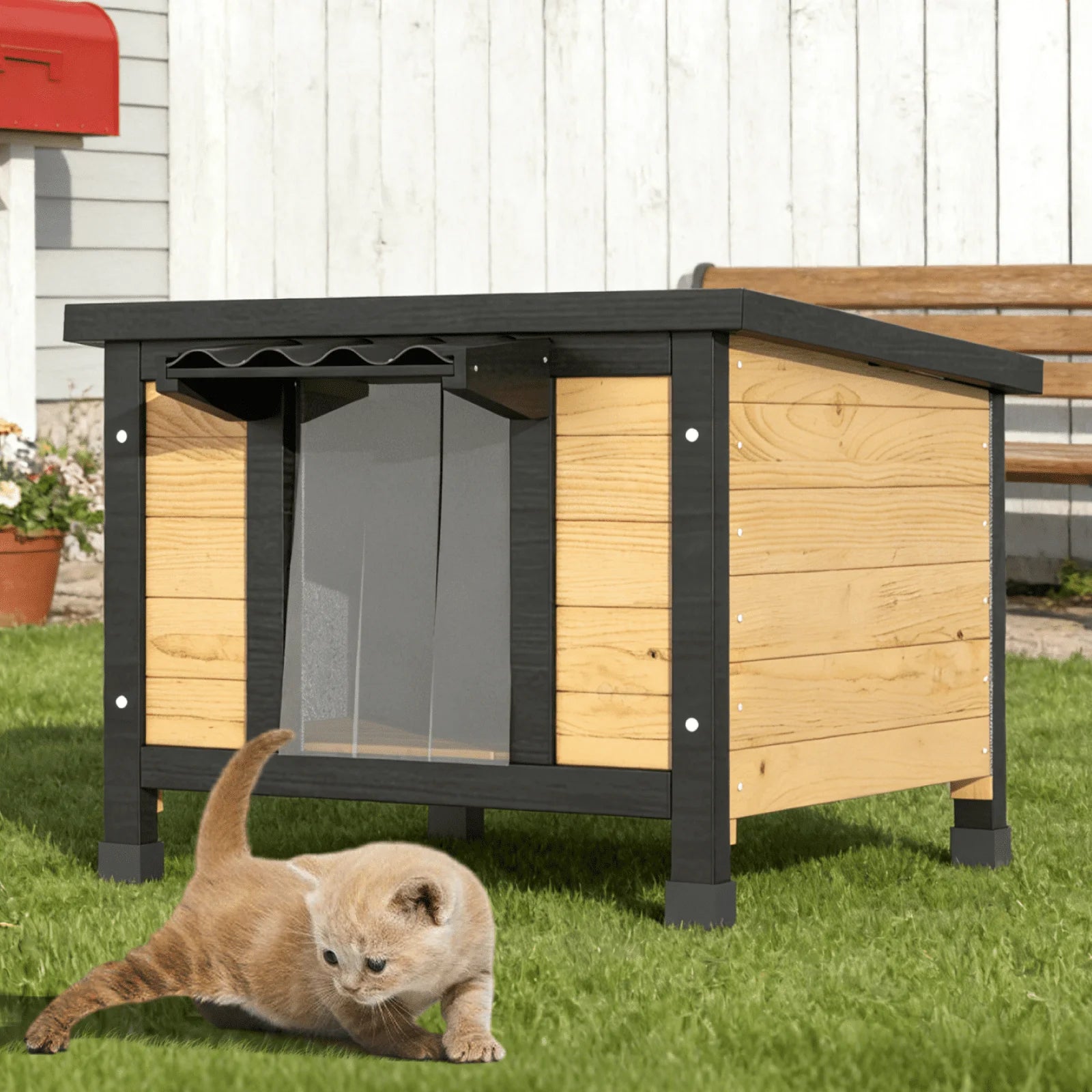 TIMHAKA Outdoor Cat House, Weatherproof Shelter for Cats, Dogs & Rabbits, Durable & Insulated Shelter for Garden, Patio & Backyard, Black & Yellow