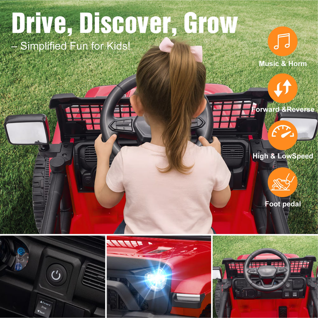 EVOKEDEN 12V Remote Control Ride On Car for Kids, Electric Toddler Car with Spring Suspension, LED Lights & Music, Red