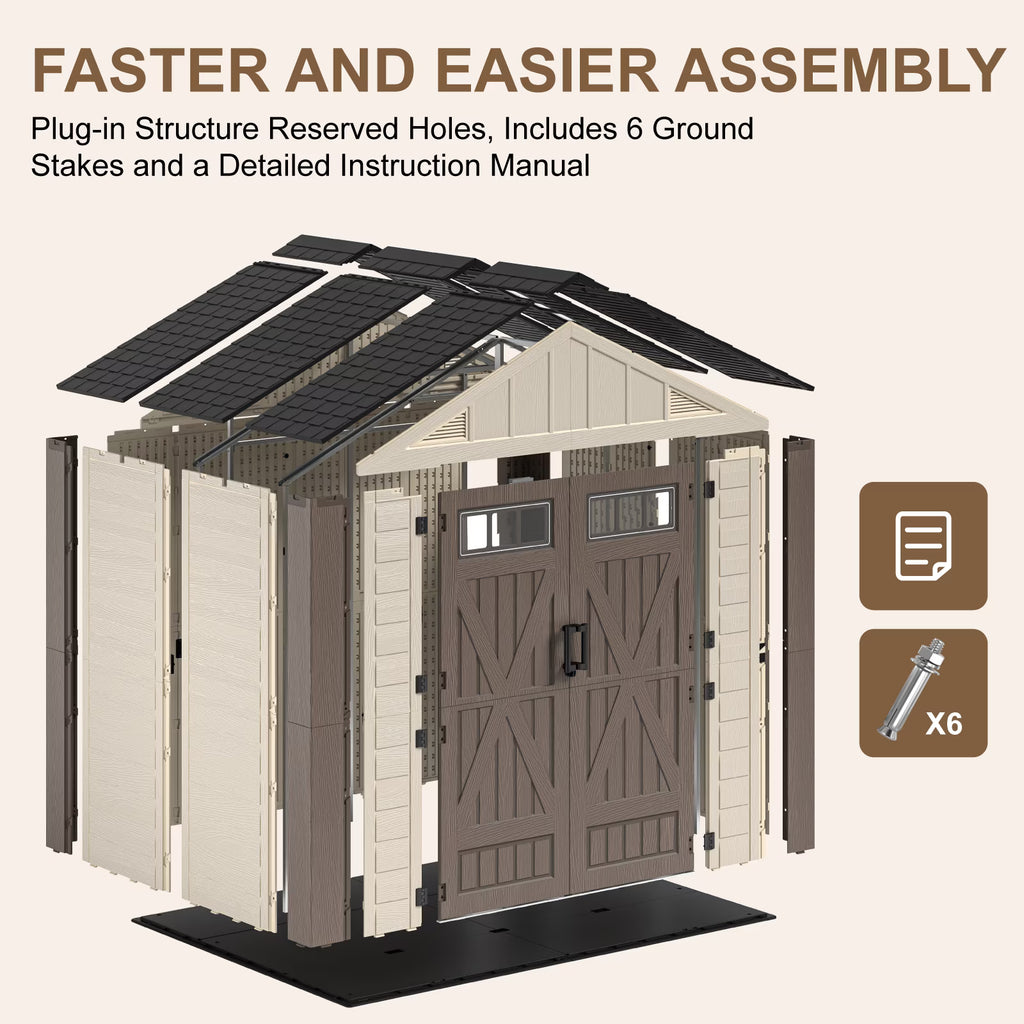 EVOKEDEN 8x6 FT Outdoor Storage Shed with Floor, Heavy Duty Durable Sheds with Double Doors, UV Resistant & Waterproof Garden Tool House for Backyard, Patio