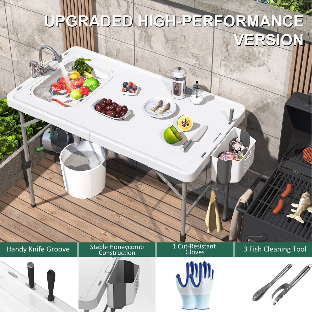 EVOKEDEN 50" Fish Cleaning Table w/ Sink Bi-Folding Portable Camping Sink Station with Drain Hose, Trash Can, Gloves and Cleaning Kits