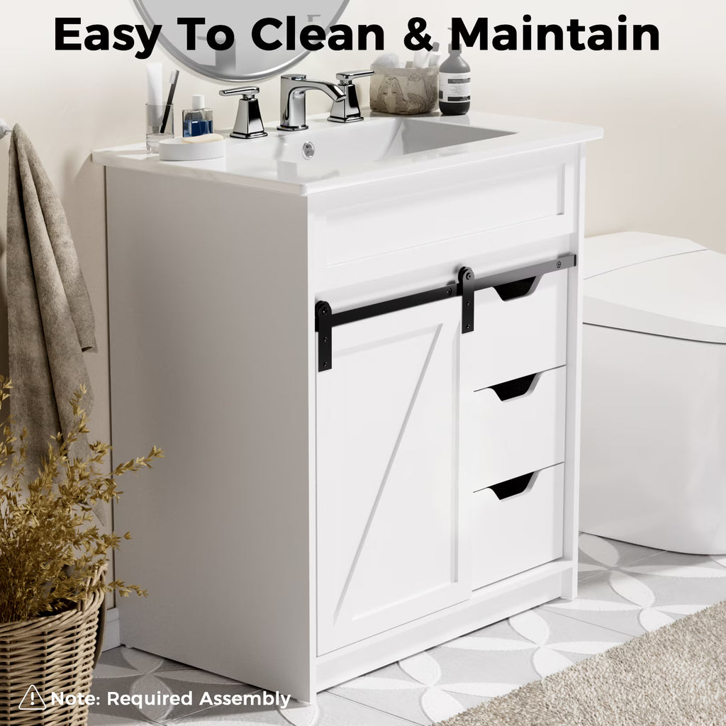 EVOKEDEN 30" Bathroom Vanity with Sink, Bathroom Storage Cabinet with Sliding Barn Door, Farmhouse Bathroom Cabinet with 3 Drawers, White