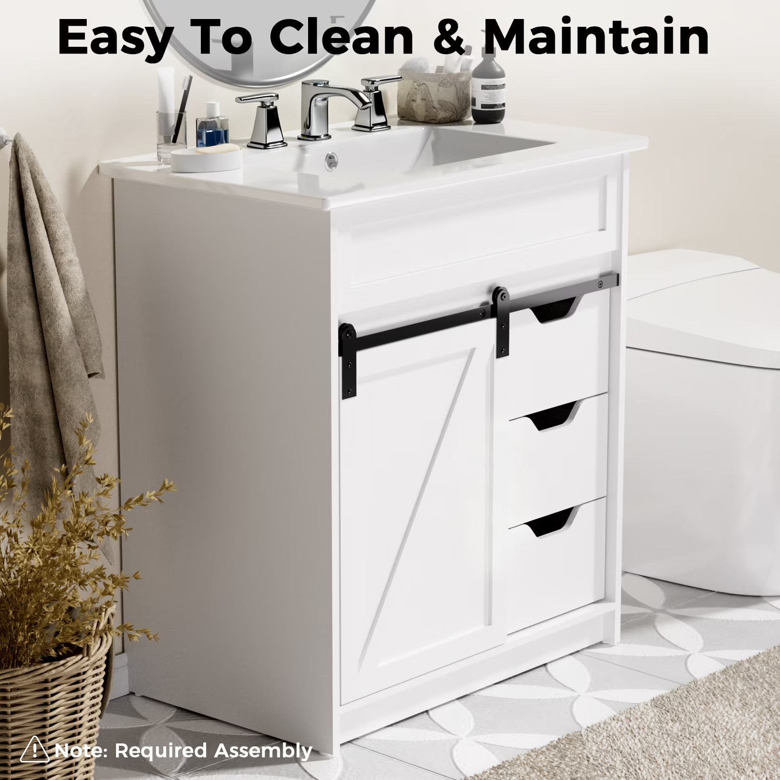 EVOKEDEN 30" Bathroom Vanity with Sink, Bathroom Storage Cabinet with Sliding Barn Door, Farmhouse Bathroom Cabinet with 3 Drawers, White