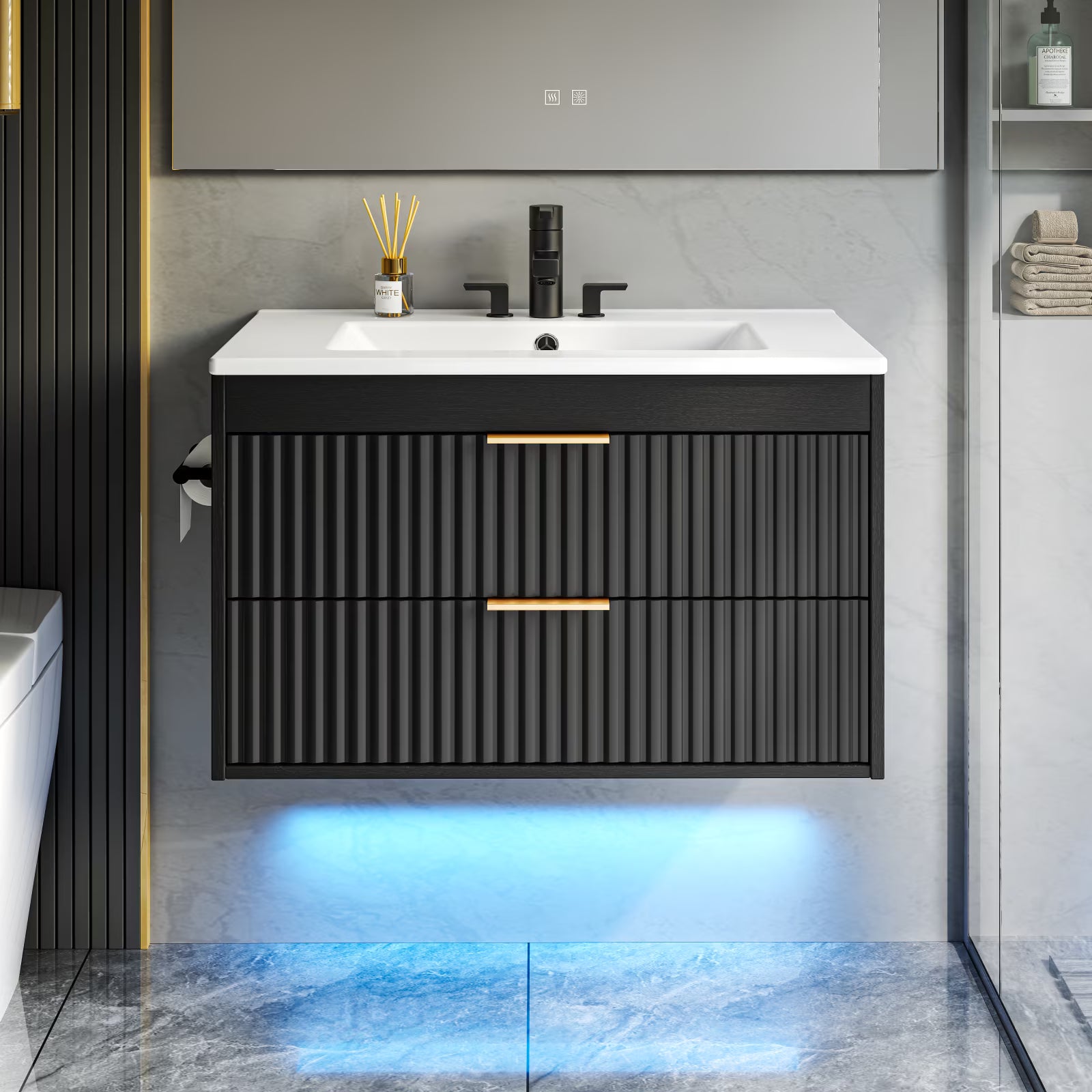EVOKEDEN 30” Floating Bathroom Vanity with Sink, Wall-Mounted Vanity with 2 Drawers & LED Light, Black
