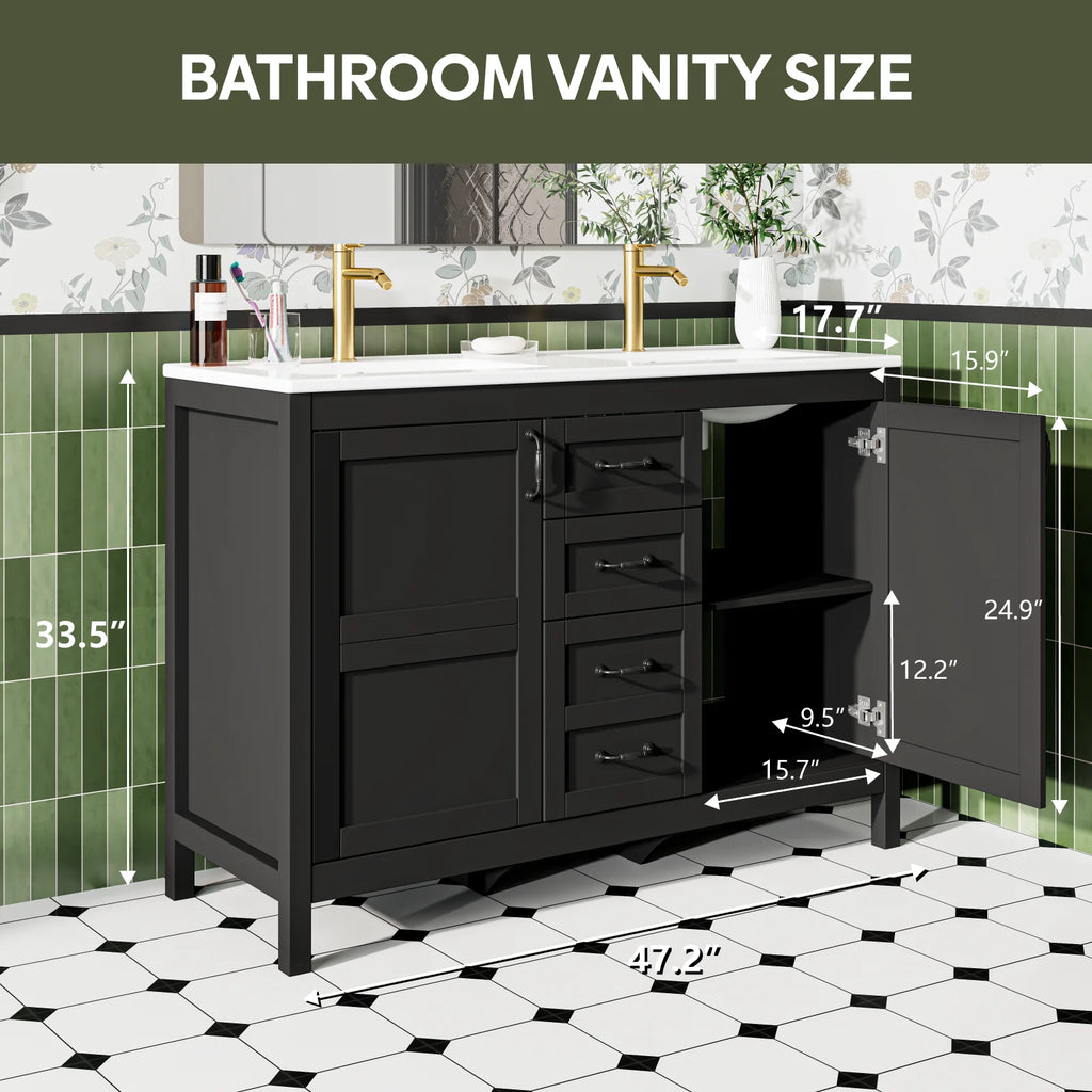 EVOKEDEN 48'' Bathroom Vanity with Sink Combo, Freestanding Farmhouse Thickened Wood Bathroom Storage Cabinet with Undermount Double Sink, 3 Drawers & 2 Soft-Close Doors with Organizers, Black
