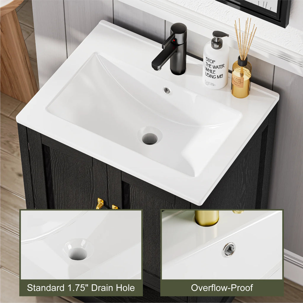 EVOKEDEN 24" Bathroom Vanity with Sink, Freestanding Modern Cabinet Vanity with LED Light, 2 Soft Closing Cabinet Door with Organizer, Black