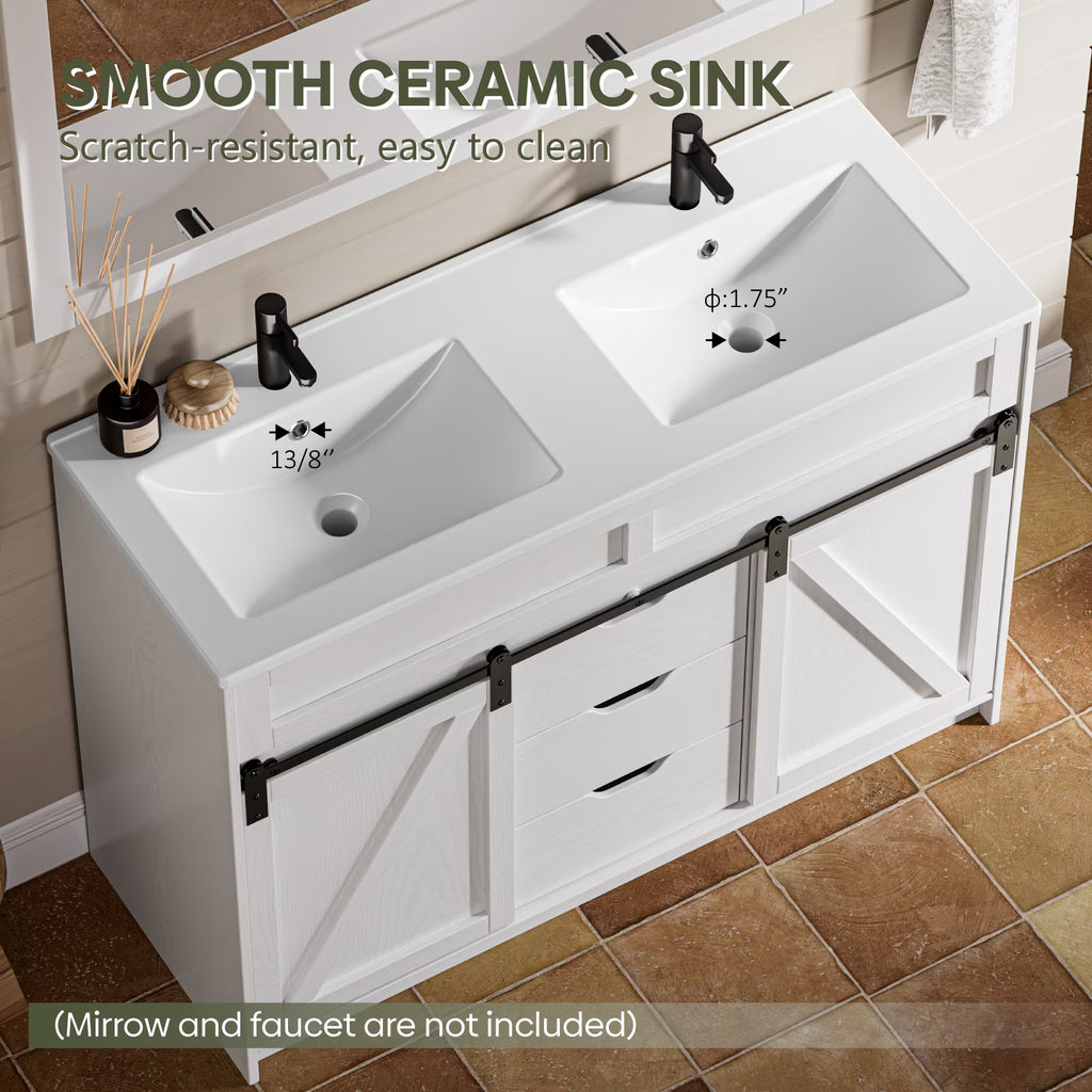EVOKEDEN 48" Bathroom Vanity with Double Sink Combo, Farmhouse Bathroom Cabinet Set with Sliding Barn Door & 3 Drawers, White