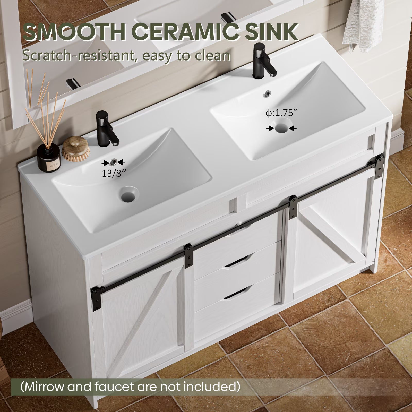 EVOKEDEN 48" Bathroom Vanity with Double Sink Combo, Farmhouse Bathroom Cabinet Set with Sliding Barn Door & 3 Drawers, White
