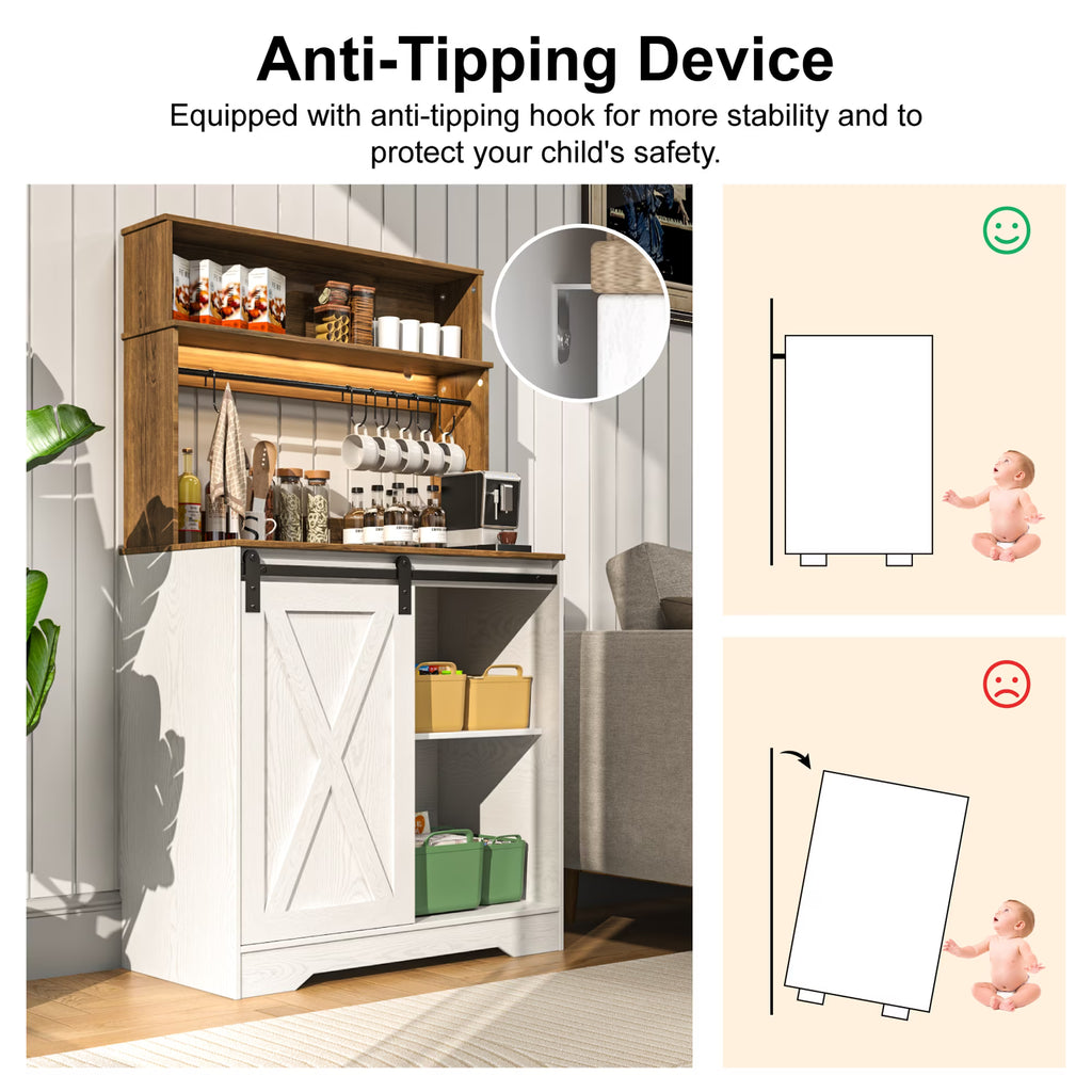 EVOKEDEN Farmhouse Coffee Bar Cabinet w/ LED Light 55'' Bakers Rack w/ Storage White