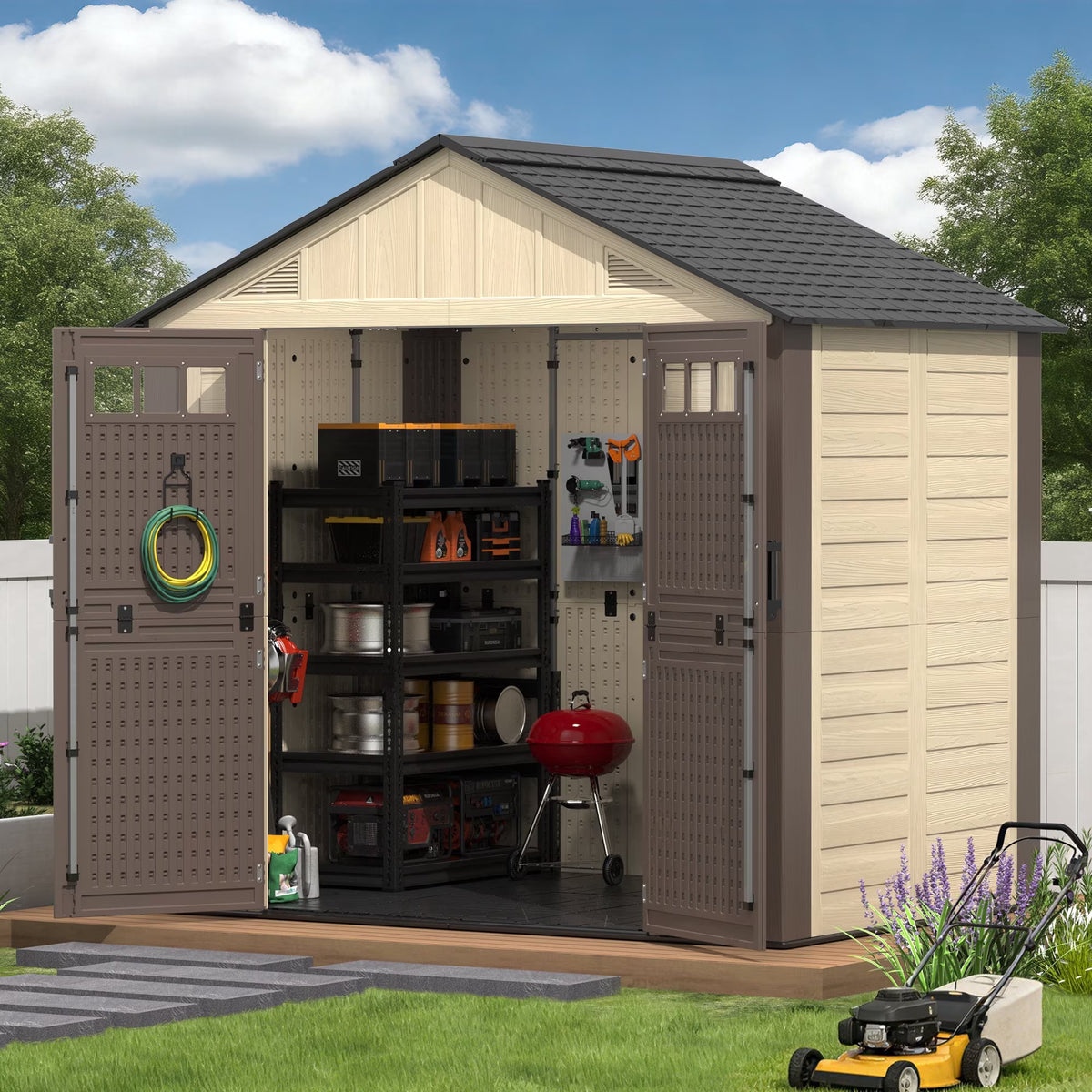 EVOKEDEN 8x6 FT Outdoor Storage Shed with Floor, Heavy Duty Durable Sheds with Double Doors, UV Resistant & Waterproof Garden Tool House for Backyard, Patio