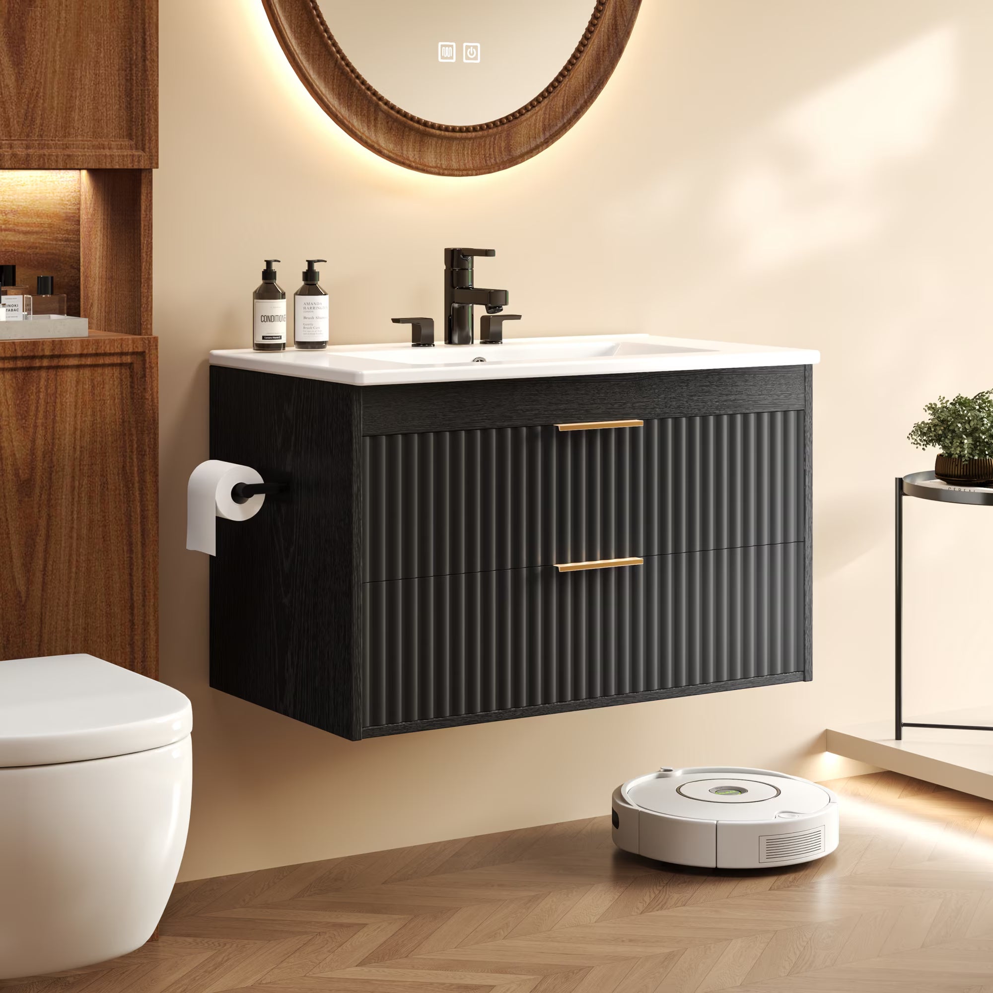 EVOKEDEN 30” Floating Bathroom Vanity with Sink, Wall-Mounted Vanity with 2 Drawers & LED Light, Black