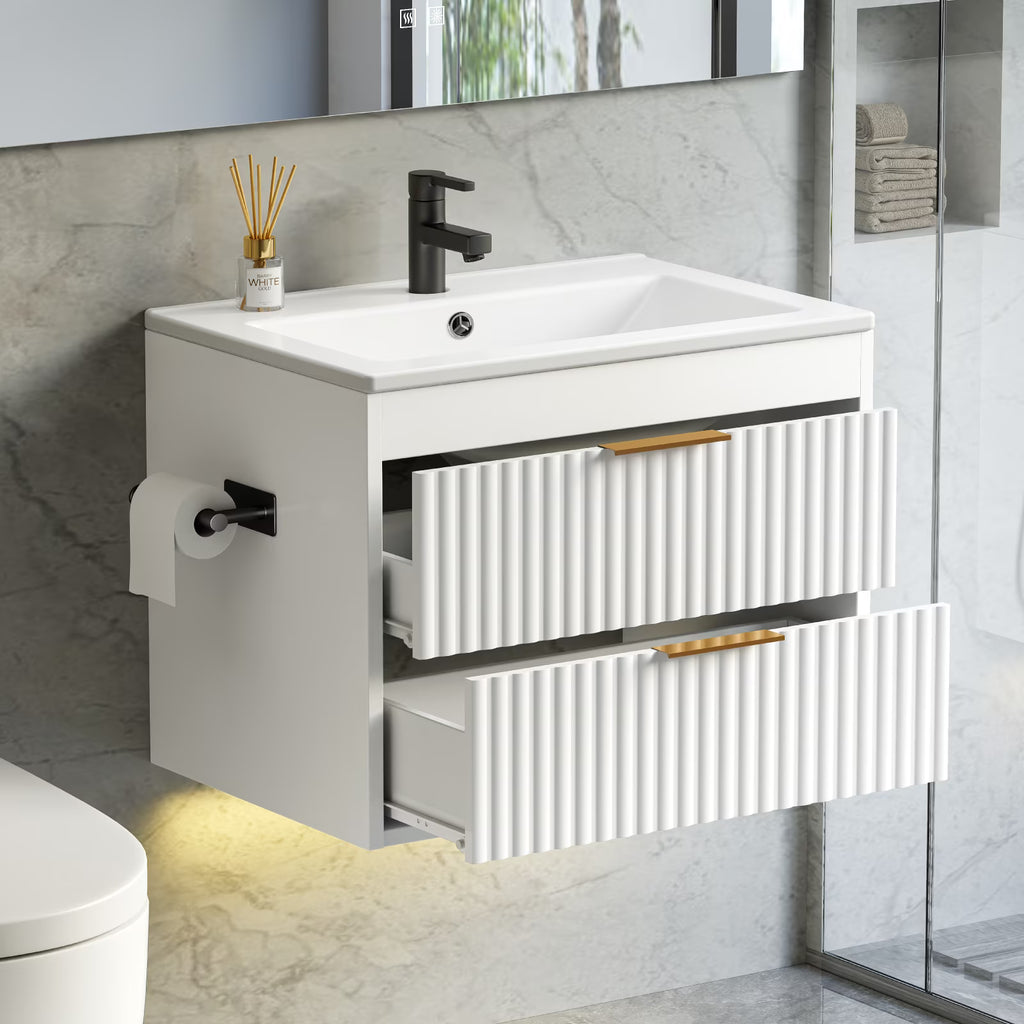 EVOKEDEN 24” Floating Bathroom Vanity with Sink, Wall-Mounted Vanity with 2 Drawers & LED Light, White