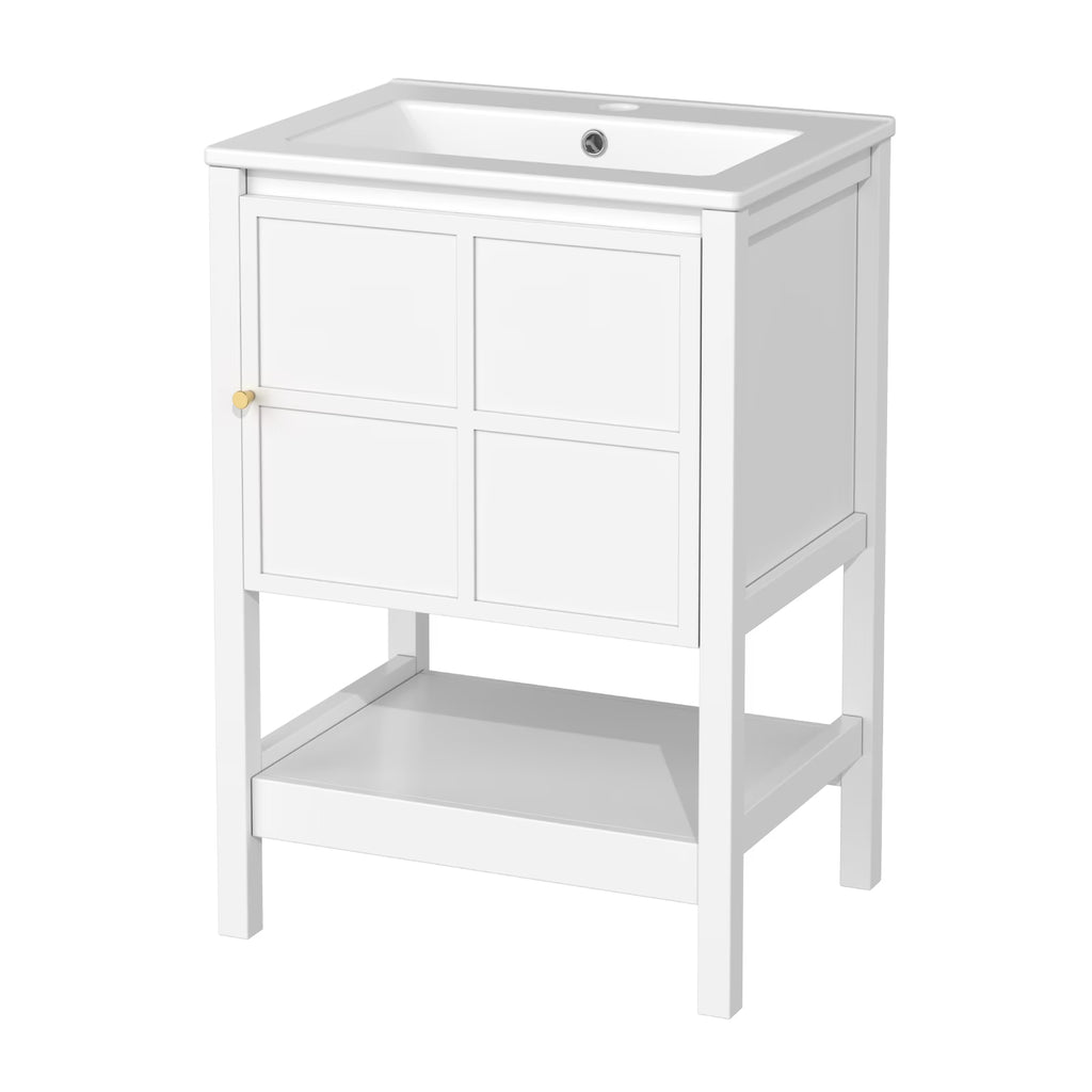 EVOKEDEN 24" Bathroom Vanity with Sink, Small Farmhouse Freestanding Bathroom Cabinet Combo Set, Soft Closing Door and Open Storage Shelf, White