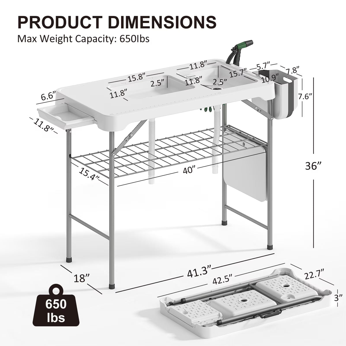 EVOKEDEN 42.5" Fish Cleaning Table wi/ Dual Sink, Portable Folding Camping Table w/ Faucet, Sprayer, Grid Rack, Hose Hook Up & Knife Groove