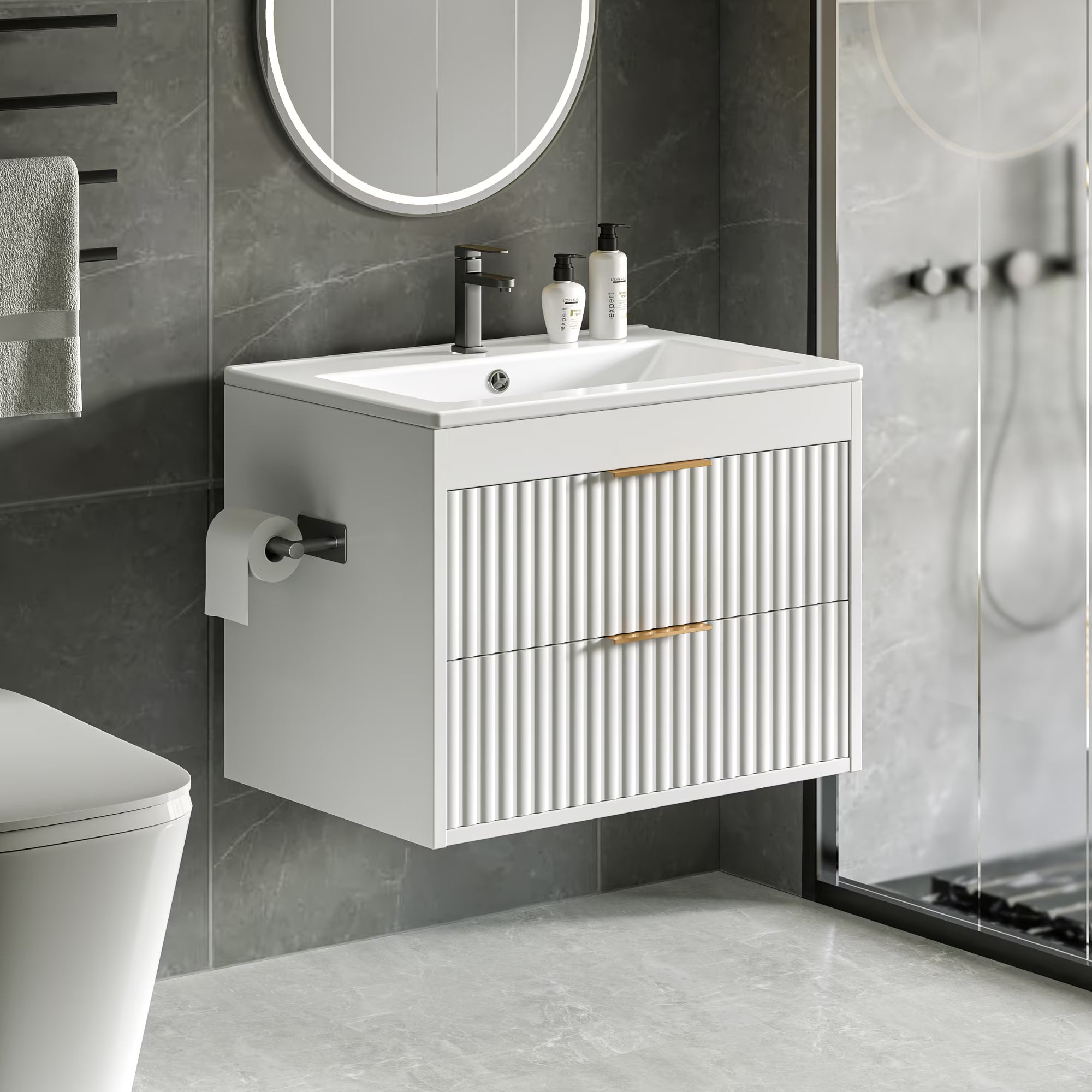 EVOKEDEN 24” Floating Bathroom Vanity with Sink, Wall-Mounted Vanity with 2 Drawers & LED Light, White