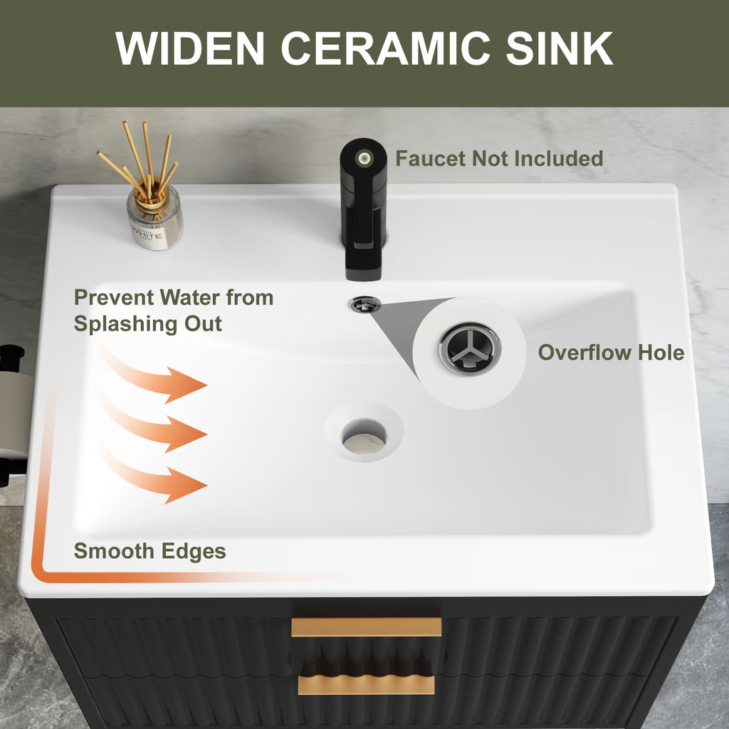 EVOKEDEN 30” Floating Bathroom Vanity with Sink, Wall-Mounted Vanity with 2 Drawers & LED Light, Black