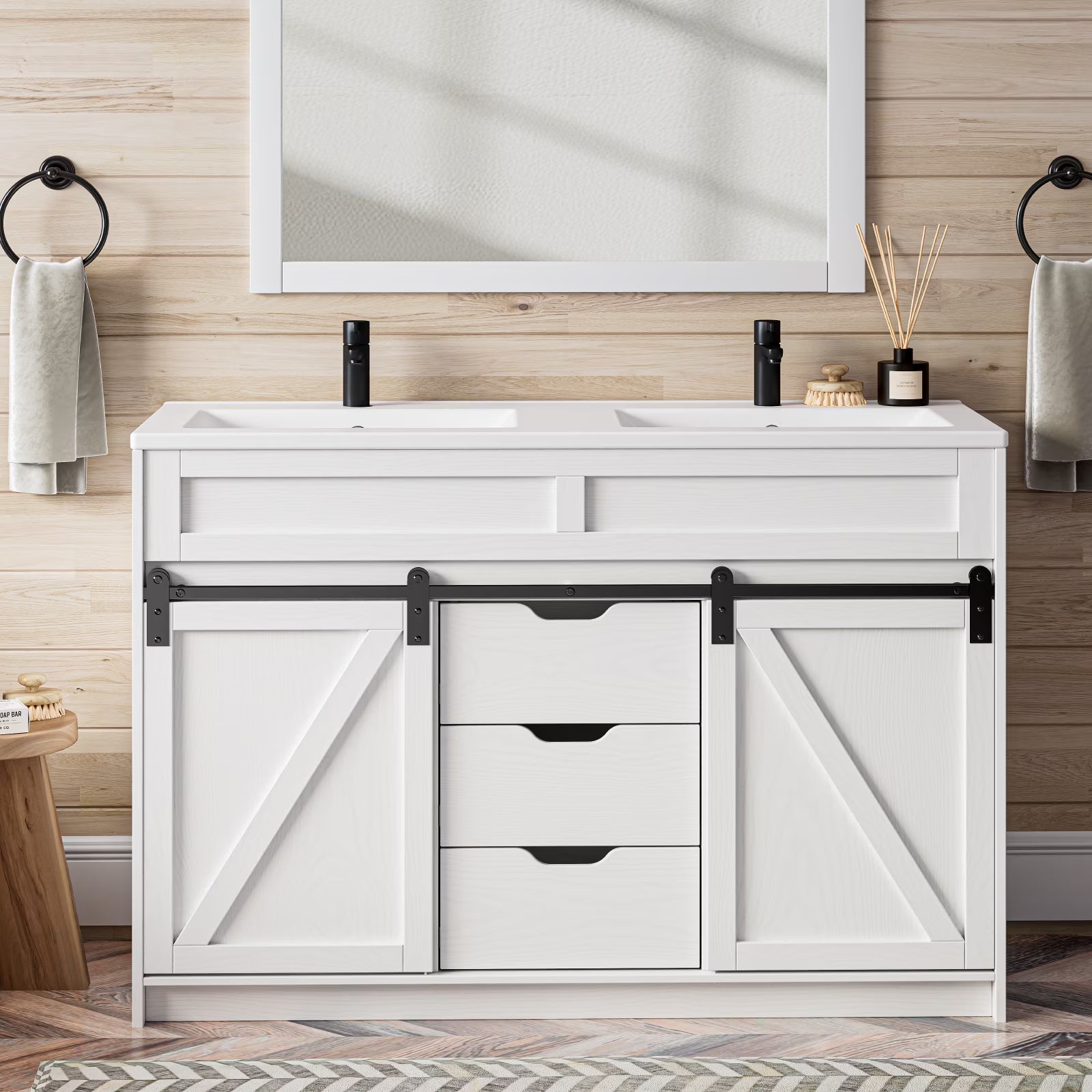 EVOKEDEN 48" Bathroom Vanity with Double Sink Combo, Farmhouse Bathroom Cabinet Set with Sliding Barn Door & 3 Drawers, White