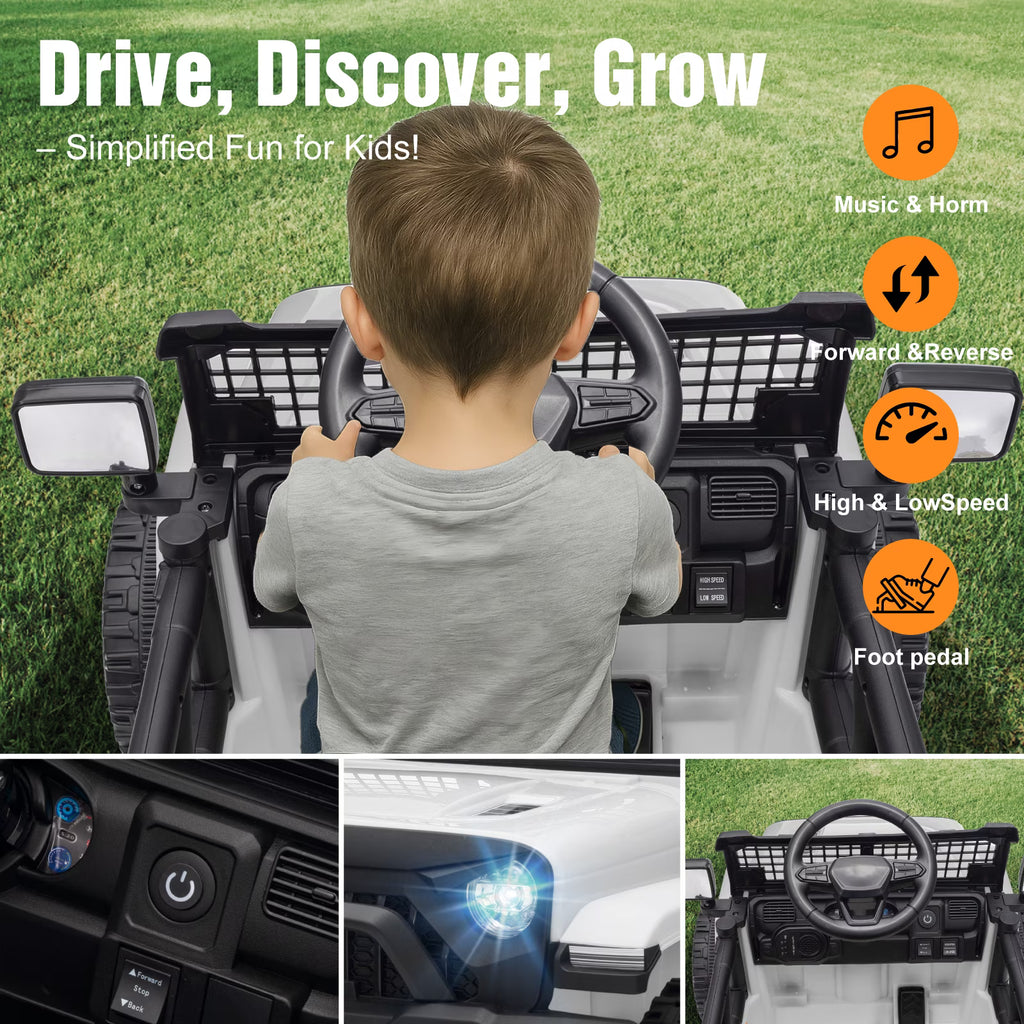 EVOKEDEN 12V Remote Control Ride On Car for Kids, Electric Toddler Car with Spring Suspension, LED Lights & Music, White