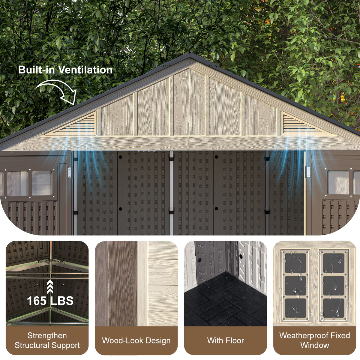 EVOKEDEN 8x10 FT Storage Shed with Floor, Waterproof HDPE Outdoor Tool House with Window & Skylight for Backyard Patio Lawn Pool Mower Bike Supplies