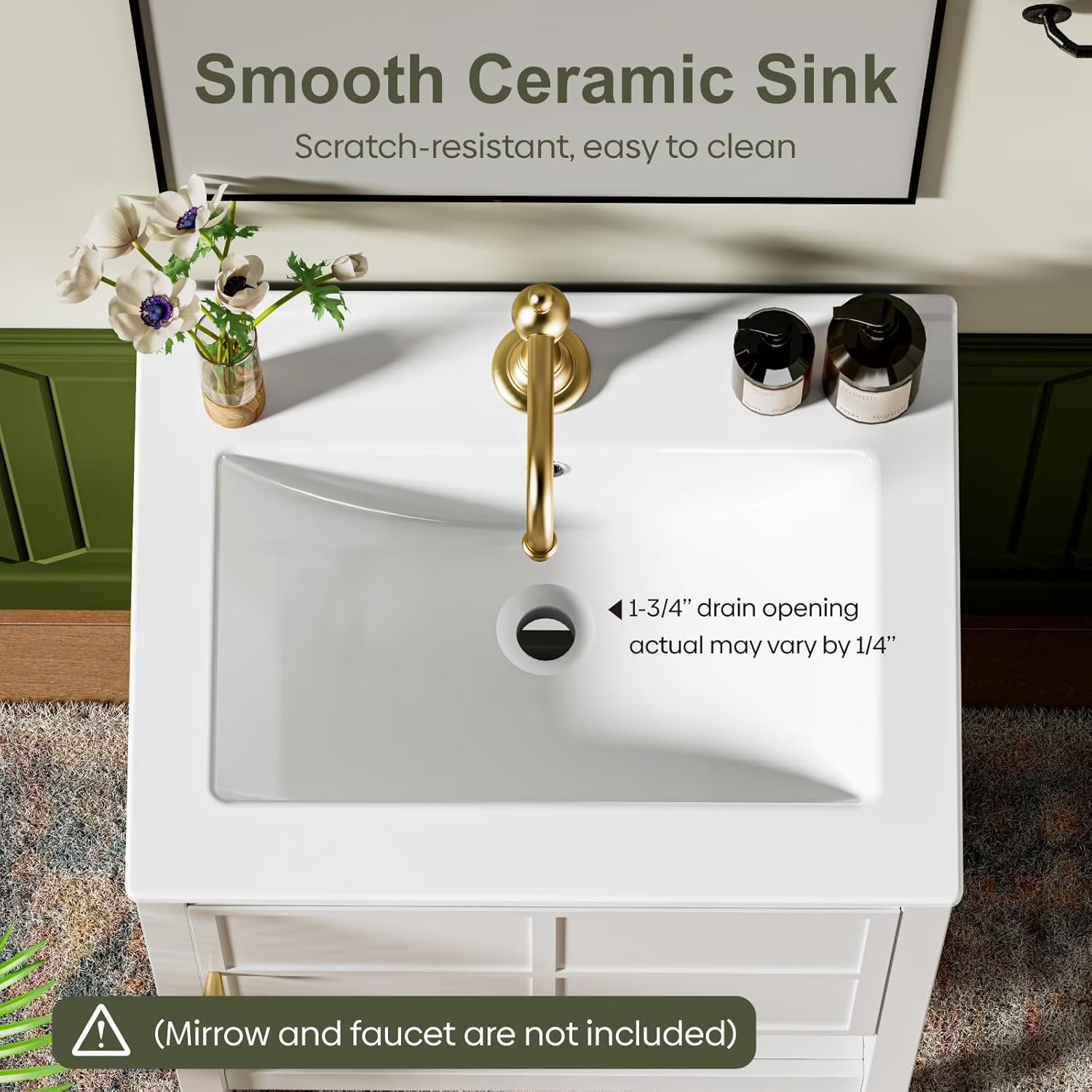 EVOKEDEN 24” Bathroom Vanity with Sink, Modern Bathroom Cabinet Set with LED Light for Small Space, 2 Soft-Close Drawers with Organizer, White