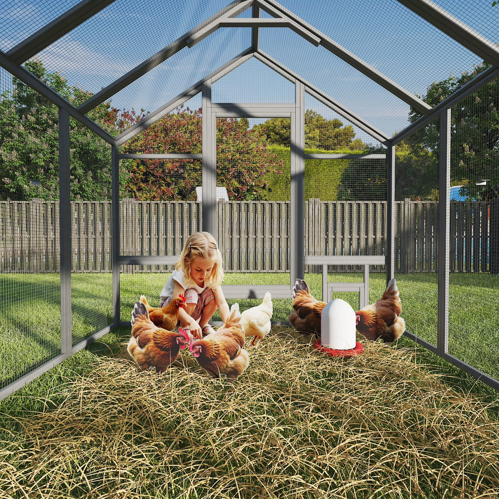 TIMHAKA 96” Outdoor Large Chicken Coop, Wooden Chicken Run w/ Cover for 12 Chickens, Gray