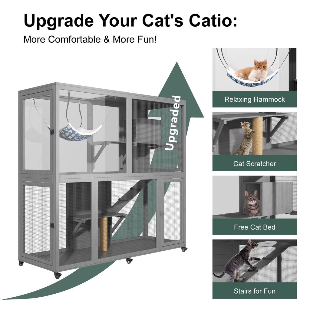 TIMHAKA 4-Tier Large Cat Enclosure House with Wheels, Indoor & Outdoor Catio for Sunbathing, Gray