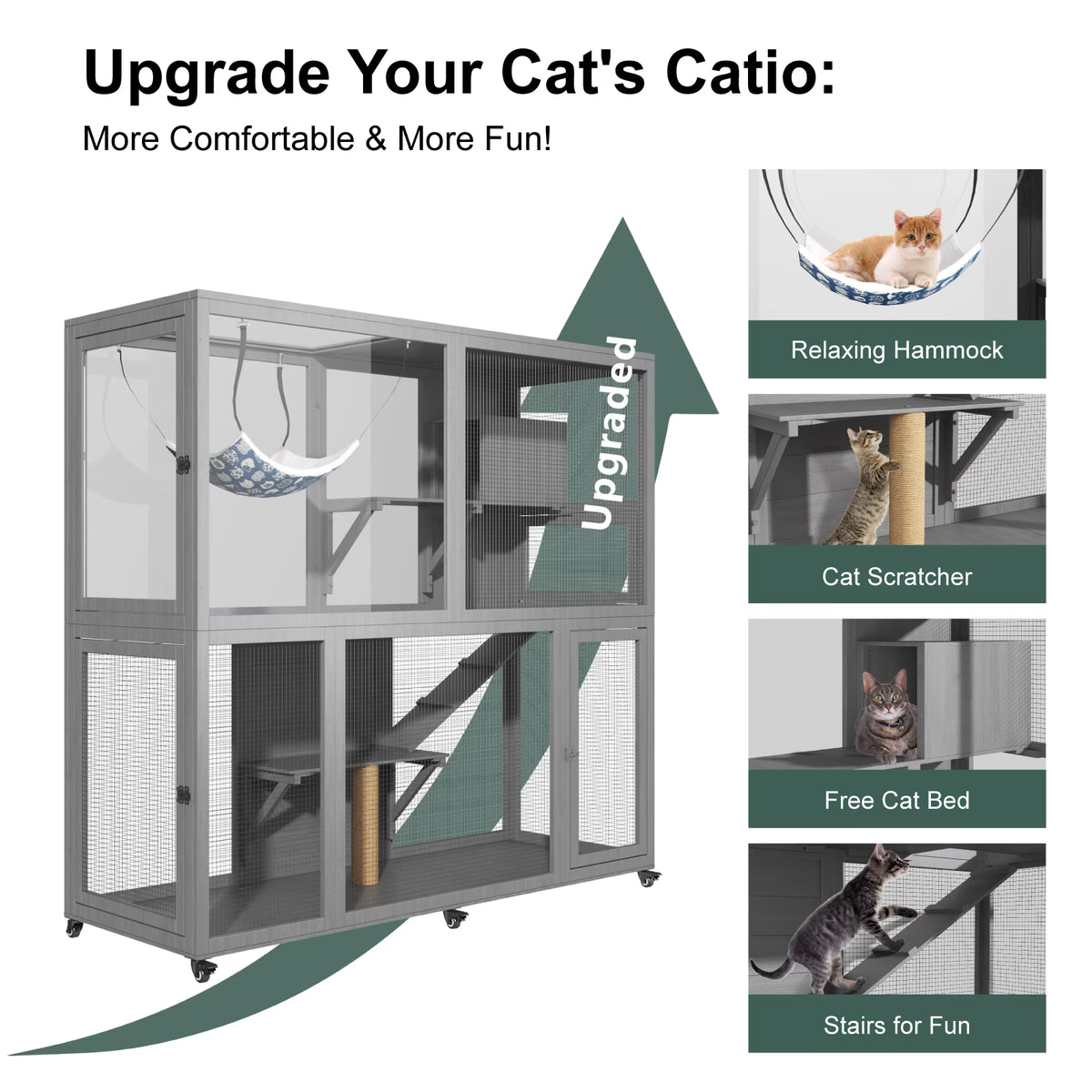 TIMHAKA 4-Tier Large Cat Enclosure House with Wheels, Indoor & Outdoor Catio for Sunbathing, Gray