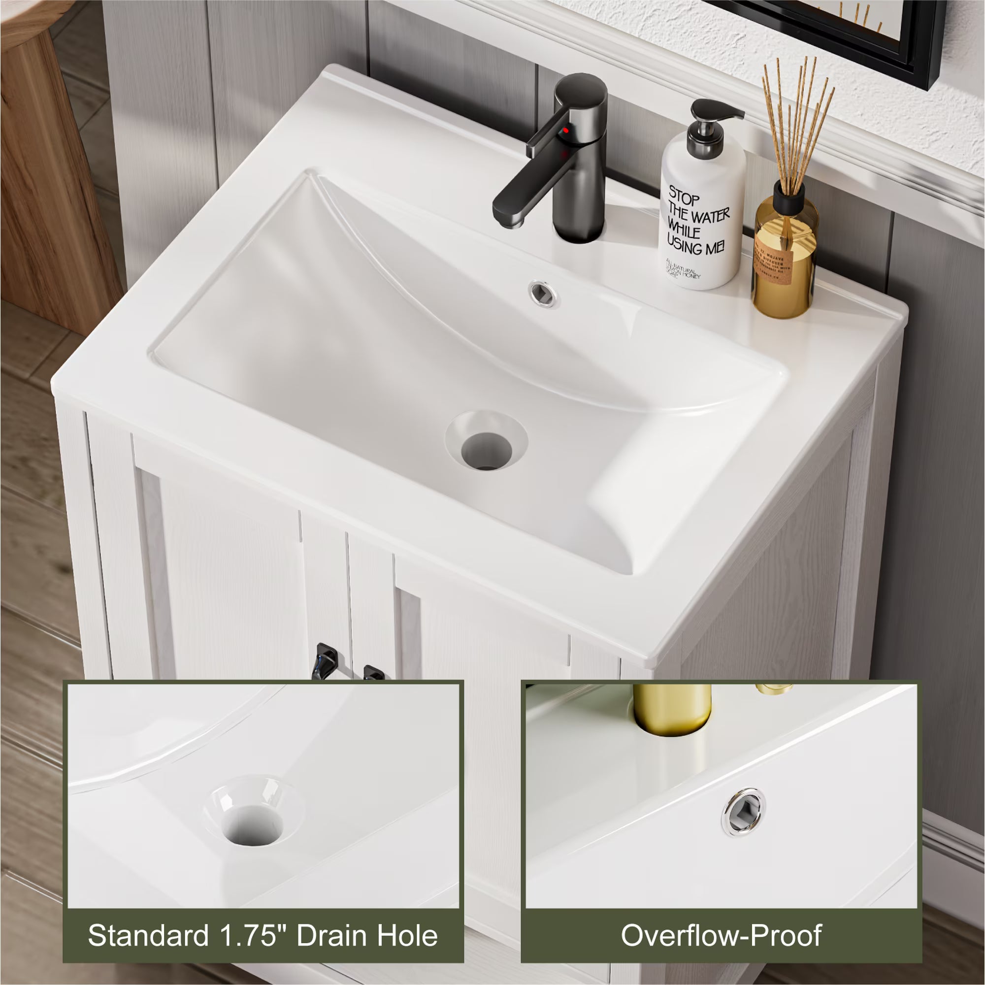 EVOKEDEN 24" Bathroom Vanity with Sink, Freestanding Modern Cabinet Vanity with LED Light, 2 Soft Closing Cabinet Door with Organizer, White