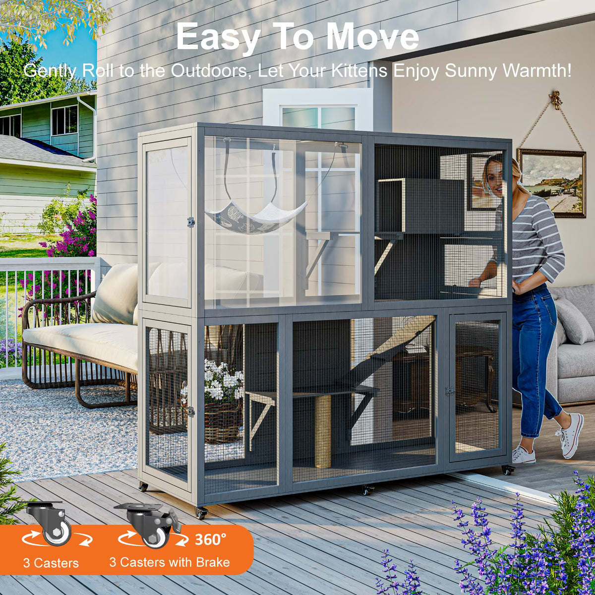 TIMHAKA 4-Tier Large Cat Enclosure House with Wheels, Indoor & Outdoor Catio for Sunbathing, Gray