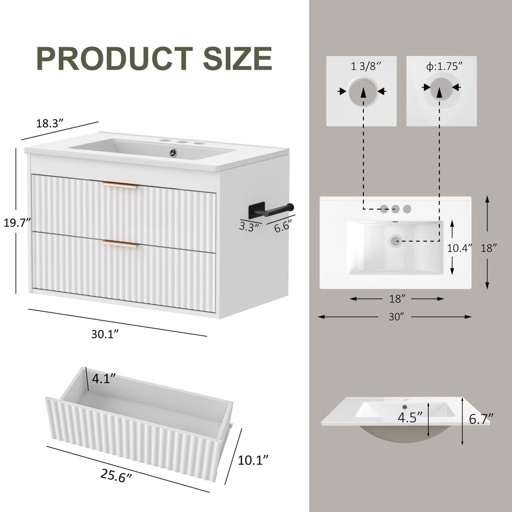 EVOKEDEN 30” Floating Bathroom Vanity with Sink, Wall-Mounted Vanity with 2 Drawers & LED Light, White