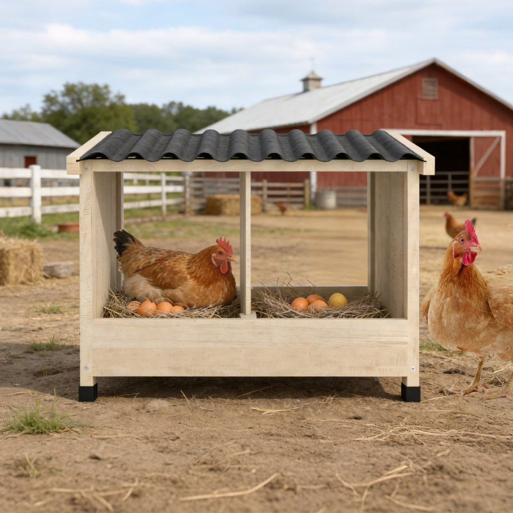 TIMHAKA Chicken Nesting Box, 2 Holes Wooden Chicken Coop w/ PVC Roof for Hens, Ducks, and Poultry