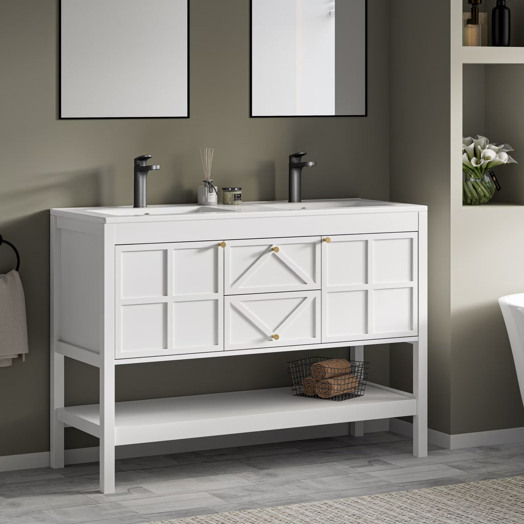 EVOKEDEN 48" Bathroom Vanity with Double Sink Combo, Undermount Sink Bathroom Storage Cabinet with 2 Drawers & 2 Soft-Close Doors, Freestanding Farmhouse Cabinet with Open Storage Shelf, White