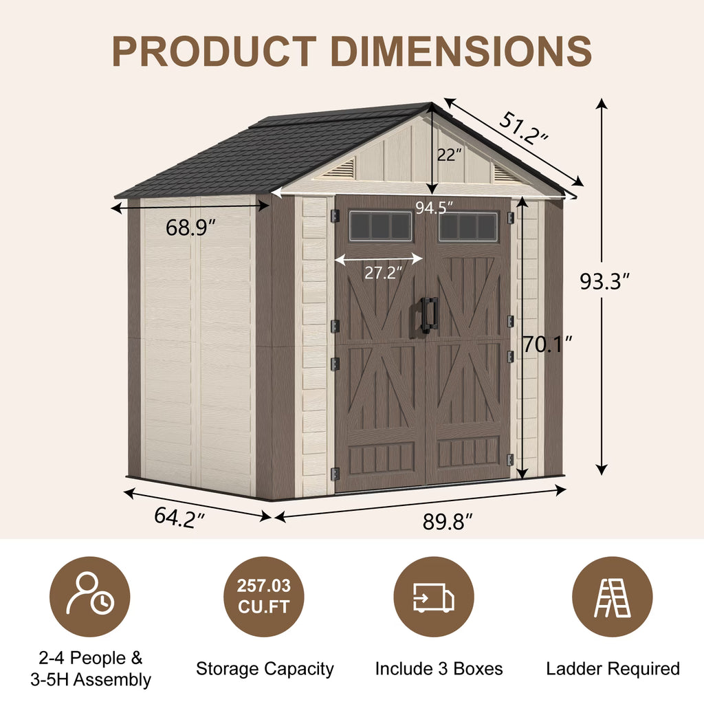 EVOKEDEN 8x6 FT Outdoor Storage Shed with Floor, Heavy Duty Durable Sheds with Double Doors, UV Resistant & Waterproof Garden Tool House for Backyard, Patio