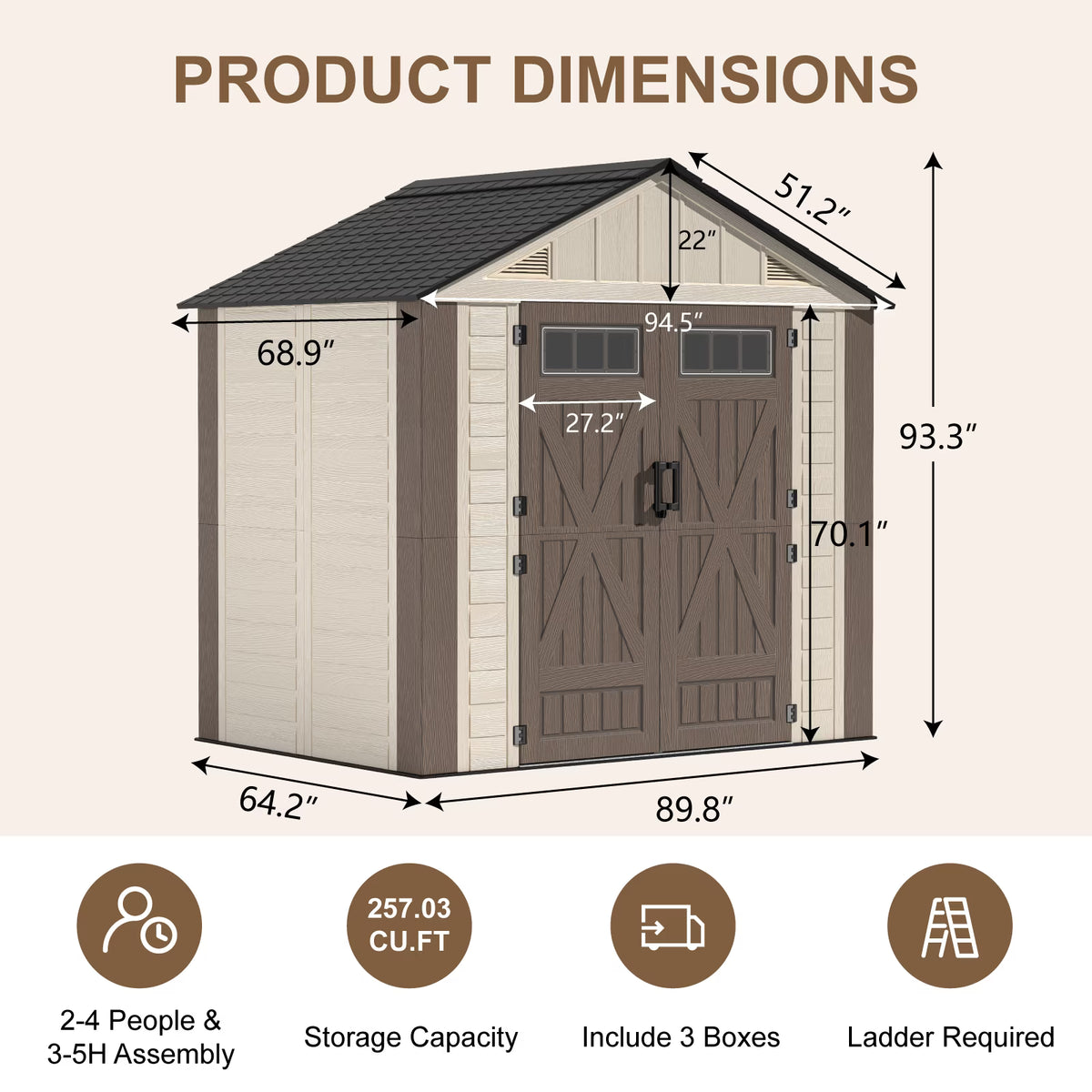 EVOKEDEN 8x6 FT Outdoor Storage Shed with Floor, Heavy Duty Durable Sheds with Double Doors, UV Resistant & Waterproof Garden Tool House for Backyard, Patio
