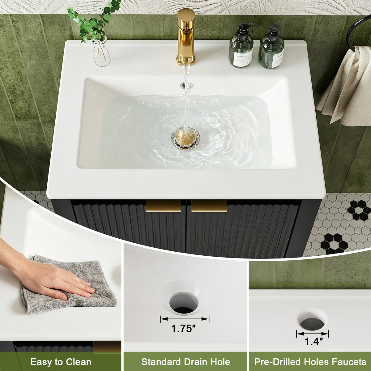 EVOKEDEN 24" Bathroom Vanity with Sink, Freestanding Vanity Cabinet with Soft-Close Doors, Black