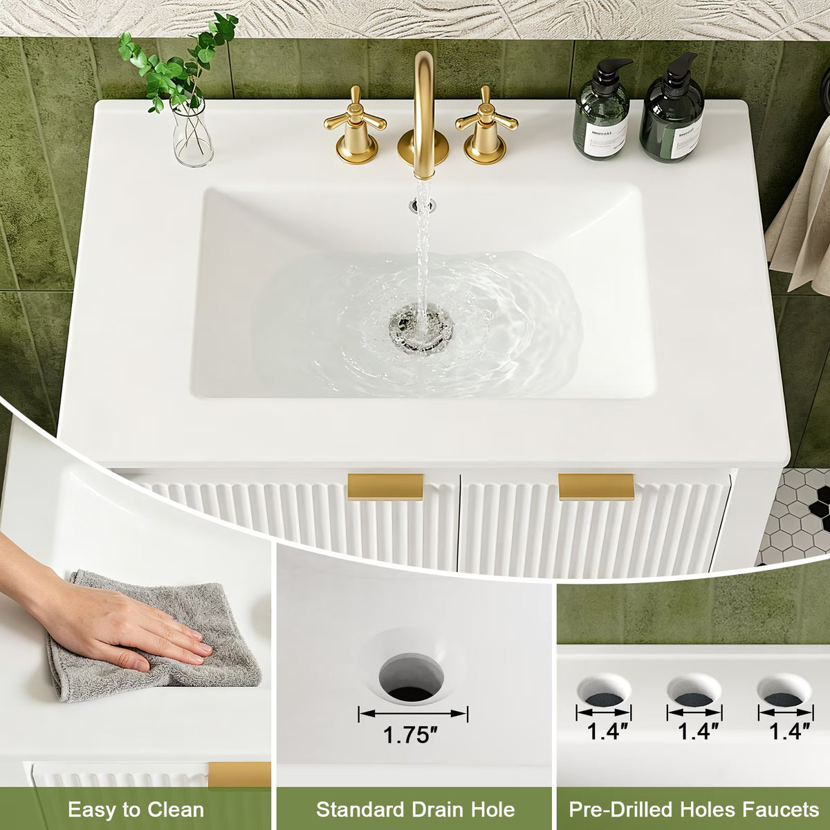 EVOKEDEN 30" Fluted Bathroom Vanity with Sink, Freestanding Vanity Cabinet with 3 Drawers, White