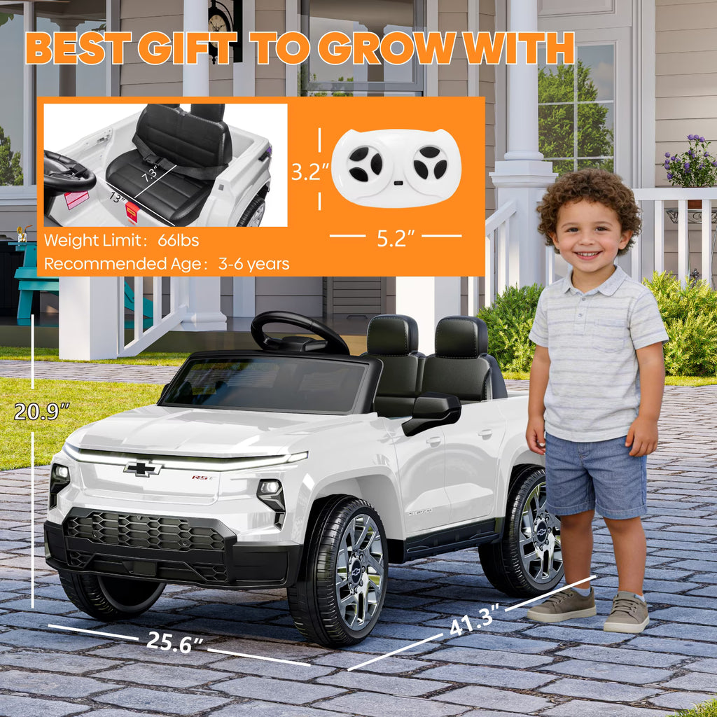 EVOKEDEN 24V Licensed Chevrolet Silverado Electric Car for Kids, Ride on Toys for Toddlers with Remote Control, Soft Start, LED Lights, Music Player, Seat Belts, White