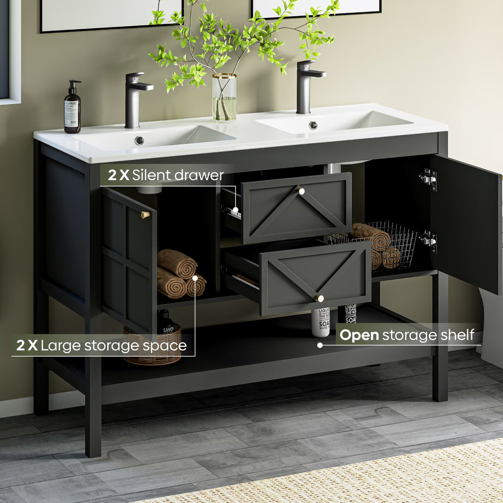 EVOKEDEN 48" Bathroom Vanity with Double Sink Combo, Undermount Sink Bathroom Storage Cabinet with 2 Drawers & 2 Soft-Close Doors, Freestanding Farmhouse Cabinet with Open Storage Shelf, Black